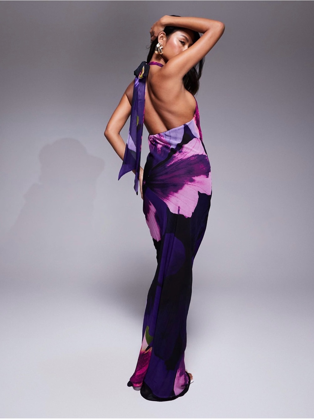 River Island Purple Floral Cowl Neck Maxi Dress with Pink & Green Accents - Picture 2 of 5